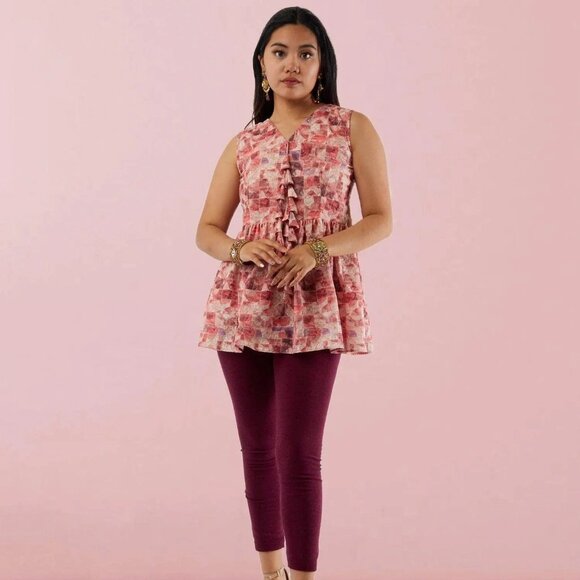White and Red Printed Short Top with Latkans | Muvvas Boutique - Picture 1 of 5